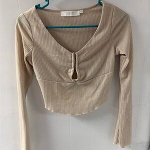 ASTR Beige Ribbed Long Sleeve Crop Top